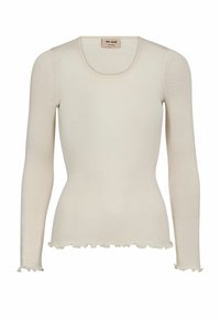 Cremfarbener, gerippter Langarmoberteil mit rundem Ausschnitt und Rüsche an den Ärmeln und dem Saum, slim fit, etikettiert von Mos Mosh.