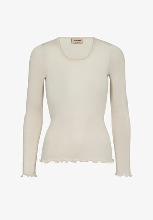 Cremfarbener, gerippter Langarmoberteil mit rundem Ausschnitt und Rüsche an den Ärmeln und dem Saum, slim fit, etikettiert von Mos Mosh.