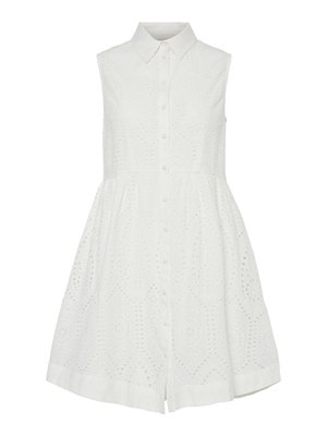 Rochie albă fără mâneci, cu guler, având un design brodat cu ochiuri, închidere frontală cu nasturi și o fustă evazată.