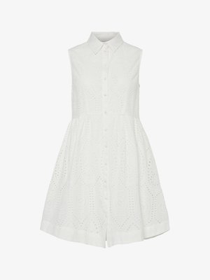 Rochie albă fără mâneci, cu guler, având un design brodat cu ochiuri, închidere frontală cu nasturi și o fustă evazată.