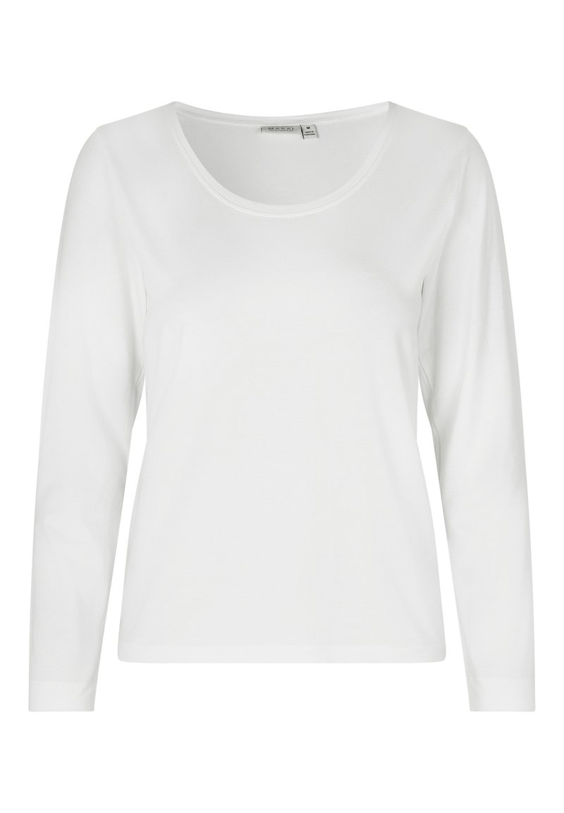 Maglia bianca a maniche lunghe realizzata in morbido cotone. Presenta un collo rotondo e un design semplice e senza cuciture, privo di decorazioni.