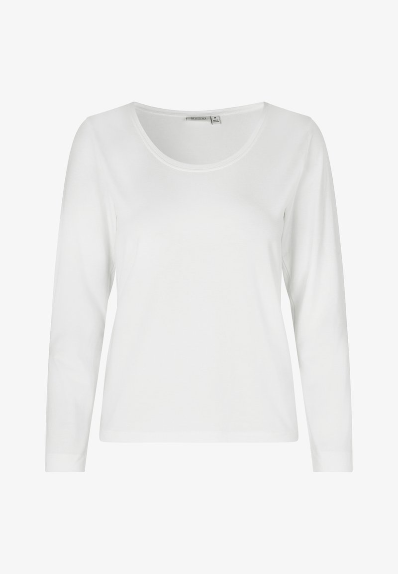 Maglia bianca a maniche lunghe realizzata in morbido cotone. Presenta un collo rotondo e un design semplice e senza cuciture, privo di decorazioni.