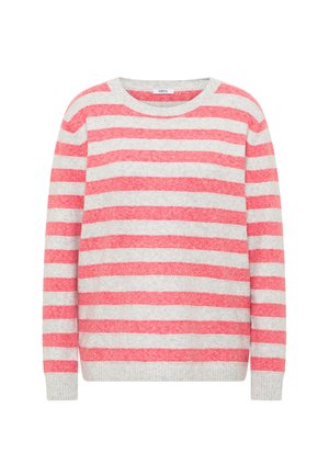 Červený a šedý proužkovaný svetr z měkkého materiálu, s kulatým výstřihem a žebrovanými lemy na rukávech. Rovný střih s horizontálními liniemi.