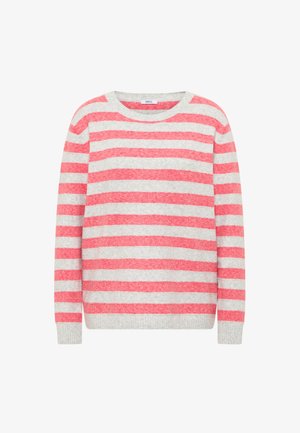 Červený a šedý proužkovaný svetr z měkkého materiálu, s kulatým výstřihem a žebrovanými lemy na rukávech. Rovný střih s horizontálními liniemi.