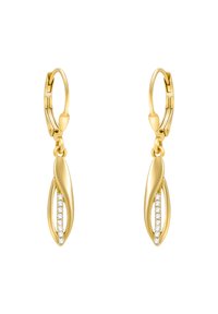 Boucles d'oreilles créoles en ton or avec une forme en goutte d'eau, ornées d'une ligne centrale de six petites pierres précieuses transparentes pour un détail supplémentaire.