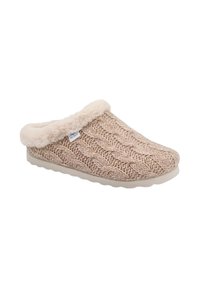 Pantofole lavorate a maglia beige con motivo a trecce, foderate in pelliccia sintetica e suola in gomma stampata. Design aperto sul retro per una facile calzata.
