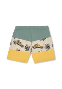 Simshorts med elastisk midja, med en grön överdel, en krämfärgad mittsektion med tryck av lastbilar och palmblad, och en gul nederdel.