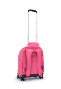 Rosa rollende Schultasche mit ausziehbarem silbernen Griff, gepolsterten Schultergurten und schwarzen Rädern. Verfügt über Seitentaschen und eine glatte Stofftextur.