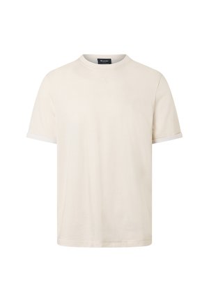 Einfaches beige Baumwoll-T-Shirt mit kurzen Ärmeln, rundem Ausschnitt und einem kleinen Markenetikett innen im Kragen.