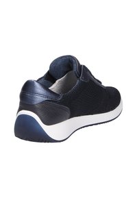 Navy blue athletic shoe featuring a textured knit upper, smooth leather accents, cushioned sole, and a rounded heel. Lightweight design.