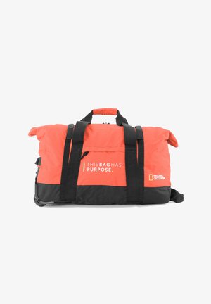 Red and black duffel bag with dual handles and shoulder straps. Features a zipper closure, bold text design, and logo on the side.