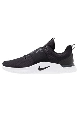 Černá atletická teniska s bílou podrážkou, elastickým středním pásem a logem Nike Swoosh na boku, zobrazená z vnější strany.