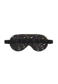 Black sleep mask with elastic strap featuring small floral and feather patterns in green, yellow, white, and purple tones.