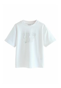 Weißes Baumwoll-T-Shirt mit kurzen Ärmeln, das eine Vordergrafik mit der Aufschrift "VIVE LIBRE" und einem Palmbaumdesign in Hellgrau zeigt.