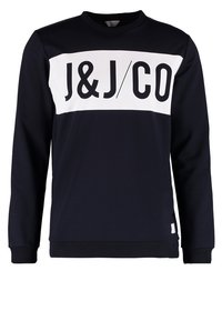 Navyblå sweatshirt med långa ärmar, vit horisontell panel med fet svart text "J&J/CO", ribbad halsringning och nederkant, slät textur.