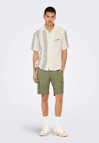 Camisa de manga corta abotonada en color crema con rayas verticales azules, combinada con pantalones cortos de cargo en color oliva que presentan múltiples bolsillos. Zapatillas blancas.