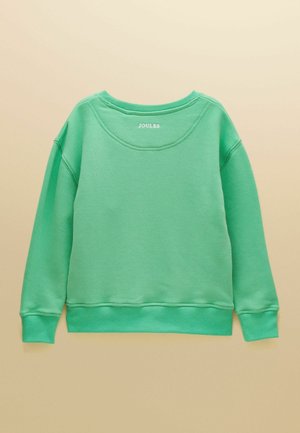 Zelená mikina s dlouhým rukávem, vroubkovanými manžetami a lemem, kulatým výstřihem a malým vyšitým logem "JOULES" na zadní straně krku.