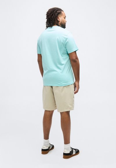 Άνδρας με πλεξούδες dreadlocks, φοράει ανοιχτό μπλε μπλουζάκι, μπεζ σορτς, λευκές κάλτσες και μαύρα-άσπρα αθλητικά παπούτσια, στέκεται μπροστά σε ένα απλό φόντο.