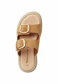 Tan suede slide sandal with two adjustable straps and gold-tone buckles. Cream-colored rubber sole with a smooth, padded insole.