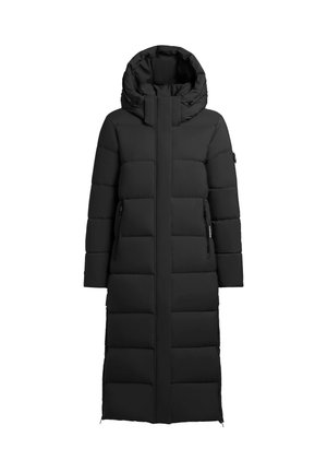Giacca a vento nera con cappuccio, caratterizzata da un design lungo e sezioni trapuntate. Include tasche laterali con zip e una texture liscia.