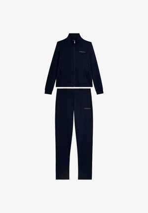 Survêtement bleu marine avec une veste à fermeture éclair complète et un pantalon assorti, tous deux arborant la marque "FREDDY" sur la poitrine et la cuisse.