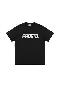 Czarny bawełniany t-shirt z wyrazistym białym logo "PROSTO." na przodzie. Krótkie rękawy i klasyczny okrągły dekolt.