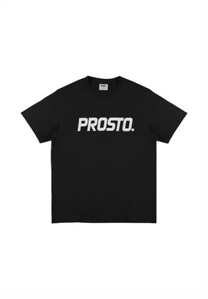 Czarny bawełniany t-shirt z wyrazistym białym logo "PROSTO." na przodzie. Krótkie rękawy i klasyczny okrągły dekolt.