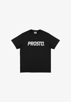 Czarny bawełniany t-shirt z wyrazistym białym logo "PROSTO." na przodzie. Krótkie rękawy i klasyczny okrągły dekolt.