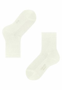 Helle Baumwoll-Sneakersocken mit glatter Textur, abgerundetem Zehenbereich und gerippten Bündchen. An der Seite mit "FALKE" und der Größe gekennzeichnet.