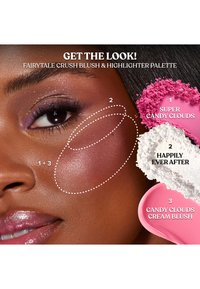 Blush and highlighter palette featuring three shades: vibrant pink, soft white, and lighter pink. Textured and smooth powder formulas shown on skin.