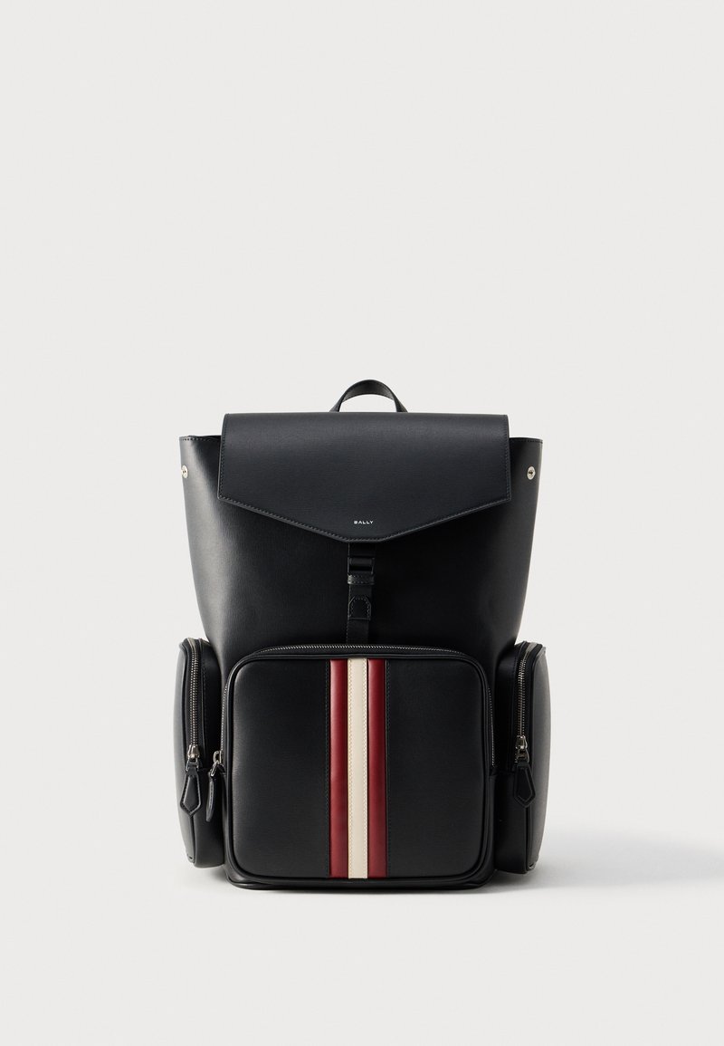 Black leather backpack with front pocket and side pouches, red and white vertical stripes on pocket, flap closure, and top handle.