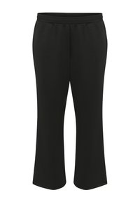 Pantalon de sport noir avec une taille élastique. Le tissu est doux et lisse, présentant un design à coupe droite et des bords ourlés.