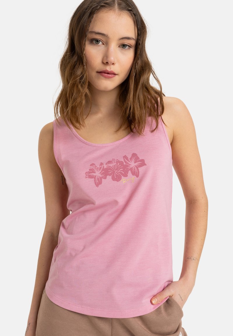 Canotta rosa con scollatura rotonda e stampa floreale sul davanti. Realizzata in un tessuto morbido, presenta una vestibilità comoda e un design senza maniche.