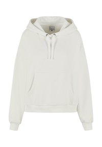 Hvit fleece hettegenser med kengurulomme, snor i hetta og ribbestrikkede ermer. Myk tekstur og avslappet passform for komfort.