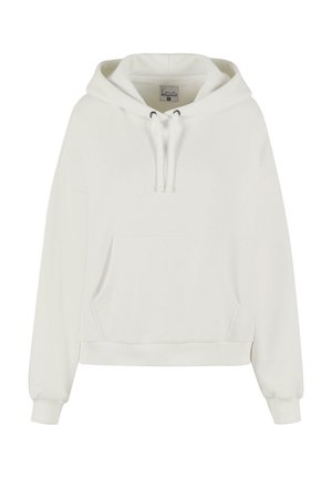 Hvid fleece hoodie med en kengurulomme, justerbar hætte og ribbede manchetter. Blød tekstur og afslappet pasform for komfort.