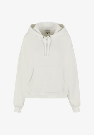 Fehér bolyhos kapucnis póló kenguru zsebbel, húzózsinórral a kapucnin és bordázott mandzsettákkal. Puha tapintás és laza fazon a kényelemért.