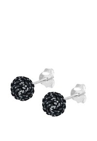 Orecchini a pendente a forma di sfera in cristallo nero con una texture sfaccettata, dotati di retro in metallo argentato e un design elegante.