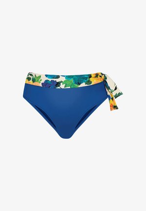 Niebieskie majtki bikini z kwiecistym pasem. Pas zdobią zielone liście i kolorowe kwiaty, związany po bokach.