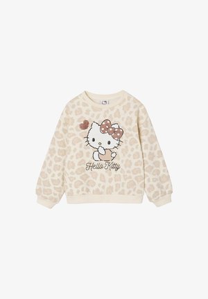 Cremfarbener Sweatshirt mit Leopardenmuster, versehen mit einer Hello Kitty Grafik und einer pinken Pünktchen-Schleife. Rippbündchen an den Ärmeln und am Saum sorgen für Struktur.