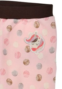 Light pink leggings with multi-colored polka dots. Soft fabric, brown elastic waistband, featuring a unicorn patch on the left side.