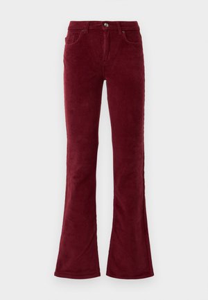 Burgundy corduroy flared pants with front pockets, belt loops, and a button closure on a plain white background.