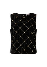 Schwarzes ärmelloses Samtoberteil mit einem Rautenmuster, goldenem Ziernähten und silbernen Verzierungen an den Schnittpunkten.