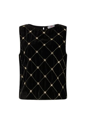 Schwarzes ärmelloses Samtoberteil mit einem Rautenmuster, goldenem Ziernähten und silbernen Verzierungen an den Schnittpunkten.