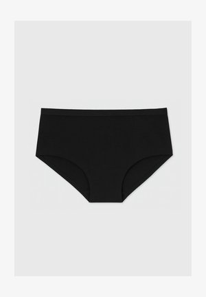 Schwarze Baumwollslips mit einem mittelhohen Design, weichem elastischem Bund und glattem Stoff ohne sichtbare Nähte. Schlichte Oberfläche.