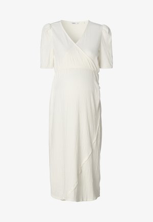 Witte textuur midi-jurk met korte pofmouwen, V-hals met wikkelfront en een geplooide taille-detail.