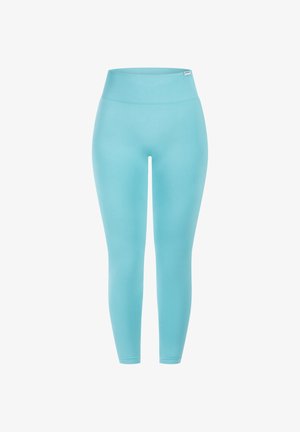 Turkis leggings lavet af strækbart stof, med en høj elastisk taljebånd og en glat tekstur, designet til en tætsiddende pasform.