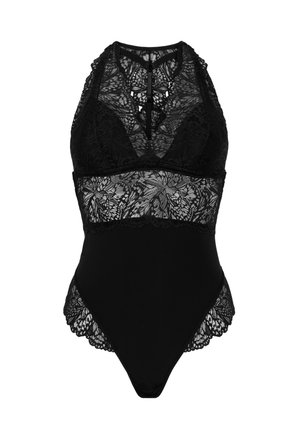 Schwarzer Spitzenbodysuit mit Halterneck, der kunstvoll gemusterte Spitze über einem glatten Untergrund aufweist, und mit gewellten Kanten an den Beinausschnitten.