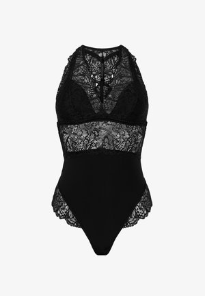 Schwarzer Spitzenbodysuit mit Halterneck, der kunstvoll gemusterte Spitze über einem glatten Untergrund aufweist, und mit gewellten Kanten an den Beinausschnitten.