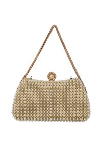 Perlebesat taske med en guldkæde, creme- og guldfarvet farveskema, rund form, pyntet med små perle-lignende perler og en lukning med lås.