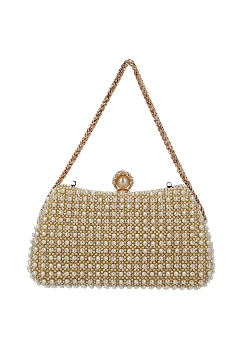 Perlebesat taske med en guldkæde, creme- og guldfarvet farveskema, rund form, pyntet med små perle-lignende perler og en lukning med lås.